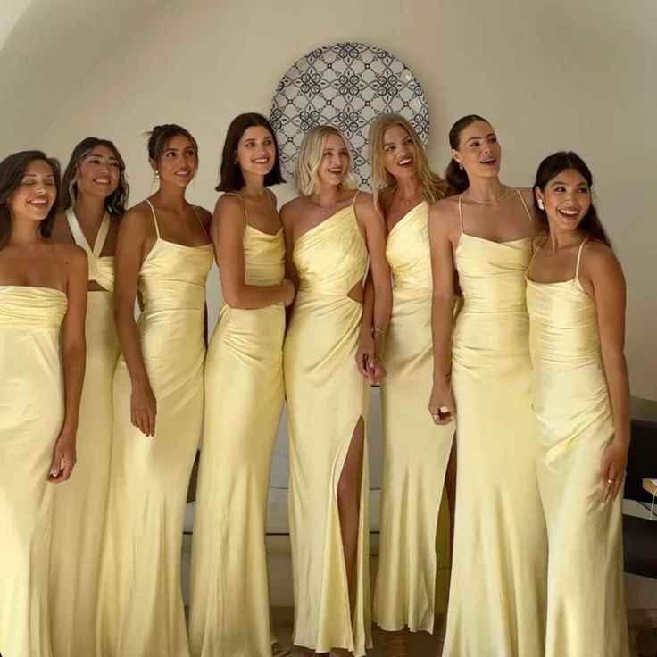 Yellow Satin Bridesmaids Prom Dress Long Formal Gown Evening Wear - Afbeelding 5