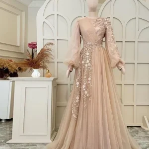 Champagne Tule Avondjurk - Moslim Bruiloftsgast Speciale Gelegenheidsjurk