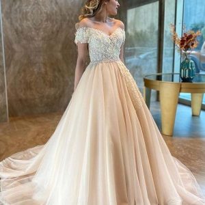 A-Line Sweetheart Off-the-Shoulder Backless Wedding Dress with Tulle and Lace Appliques