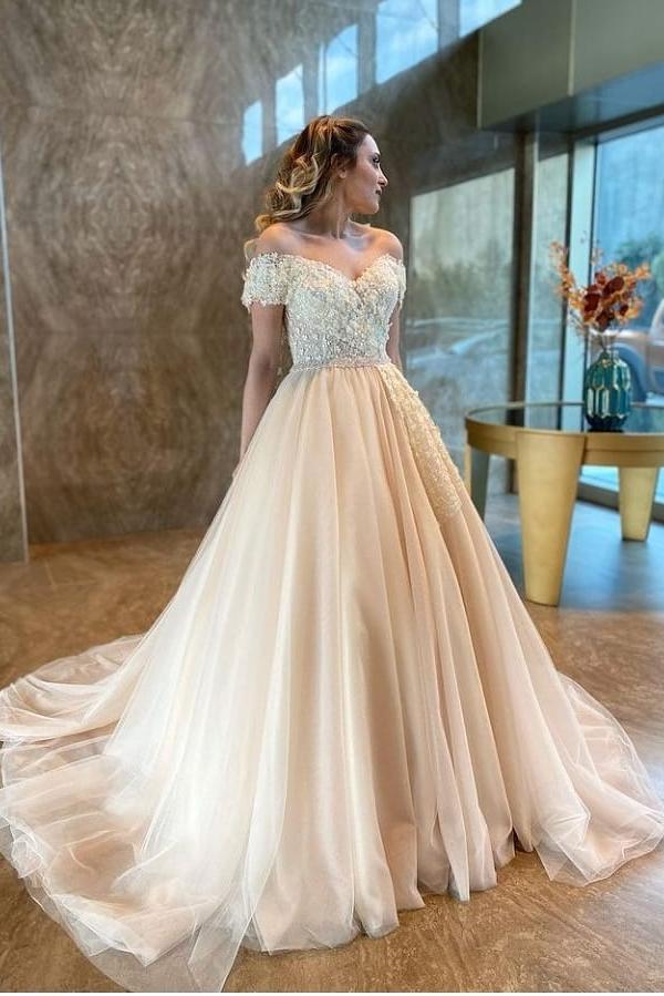 A-Line Sweetheart Off-the-Shoulder Backless Wedding Dress with Tulle and Lace Appliques - Afbeelding 2