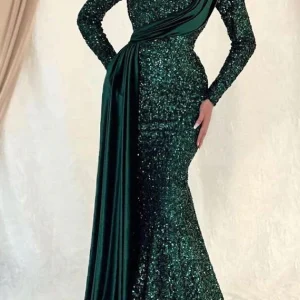 Dazzling  High Collar Sequin Mermaid Long Sleeves Prom Dress with Chic Ruffle