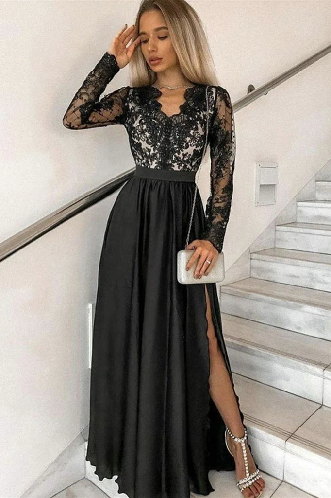 Black Long Sleeve Formal Prom Dress Gown with Thigh High Split - Afbeelding 2