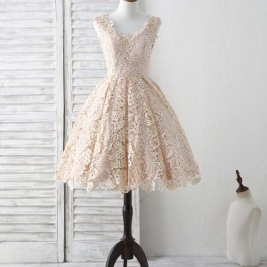 Elegant V-Neck Lace Champagne Short Prom Dress Bridesmaid Party Gown