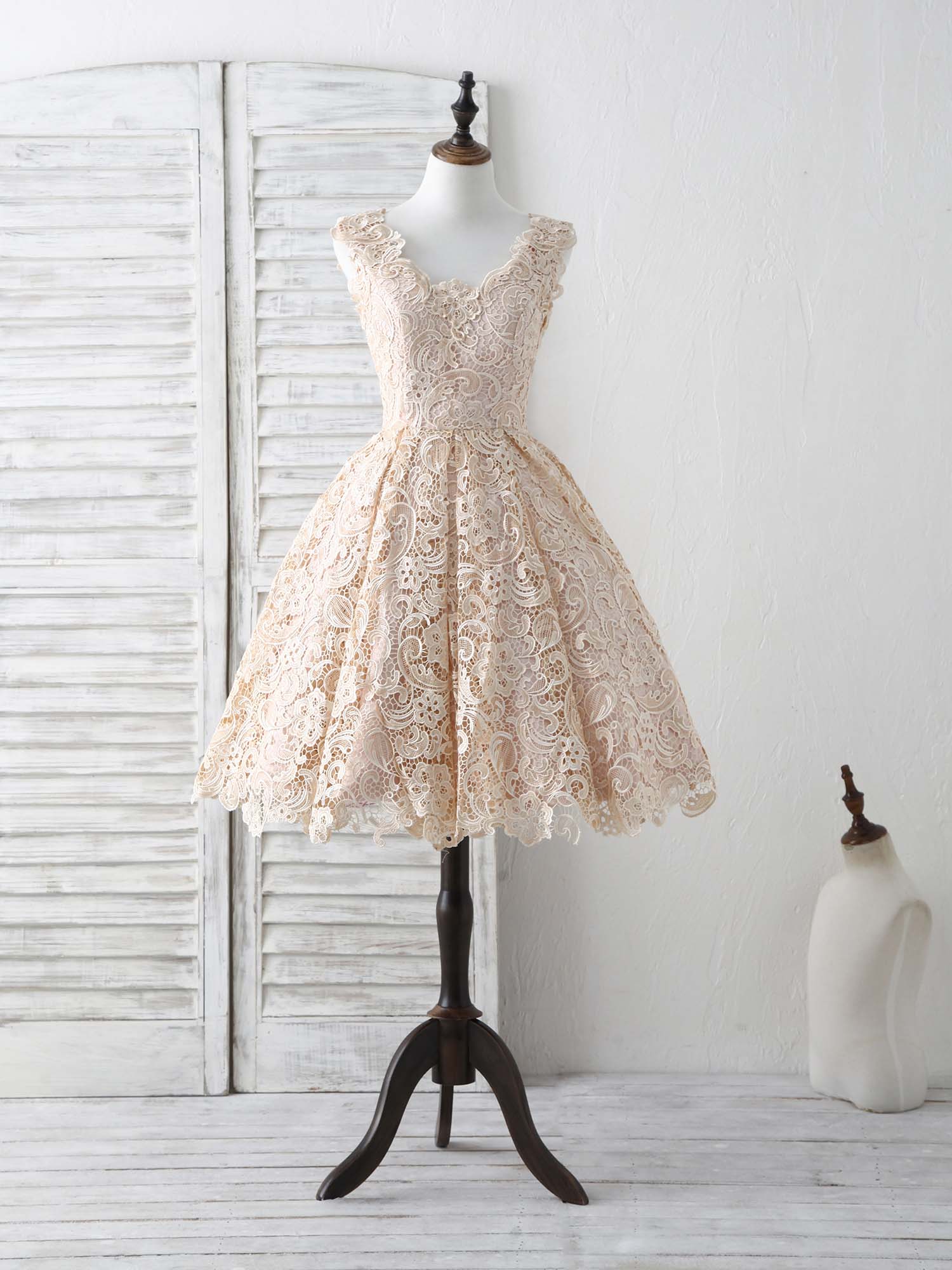 Elegant V-Neck Lace Champagne Short Prom Dress Bridesmaid Party Gown - Afbeelding 2