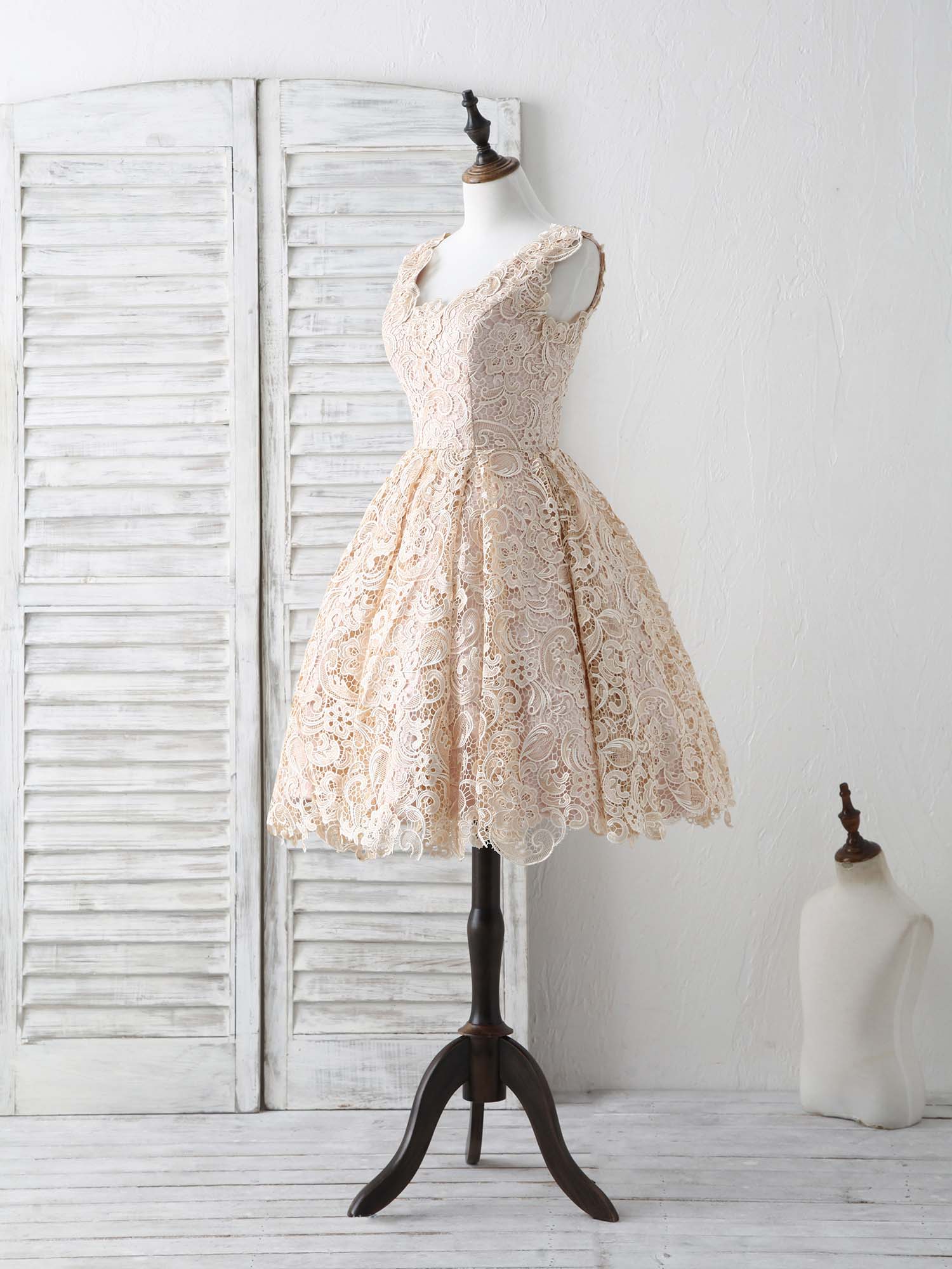 Elegant V-Neck Lace Champagne Short Prom Dress Bridesmaid Party Gown - Afbeelding 3