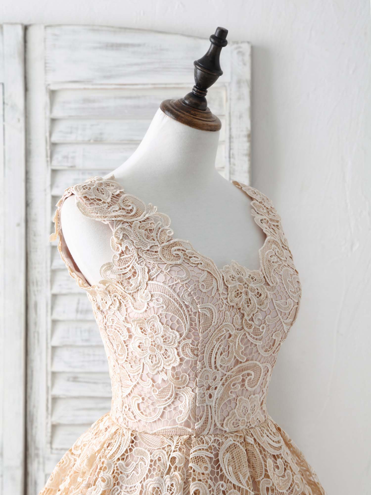 Elegant V-Neck Lace Champagne Short Prom Dress Bridesmaid Party Gown - Afbeelding 6