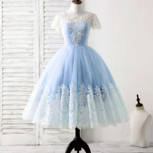 Elegant Blue Tulle Lace Short Prom Dress Bridesmaid Gown
