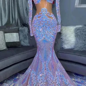 Elegant High Neck Long Sleeve Sequined Lace Mermaid Prom Dress