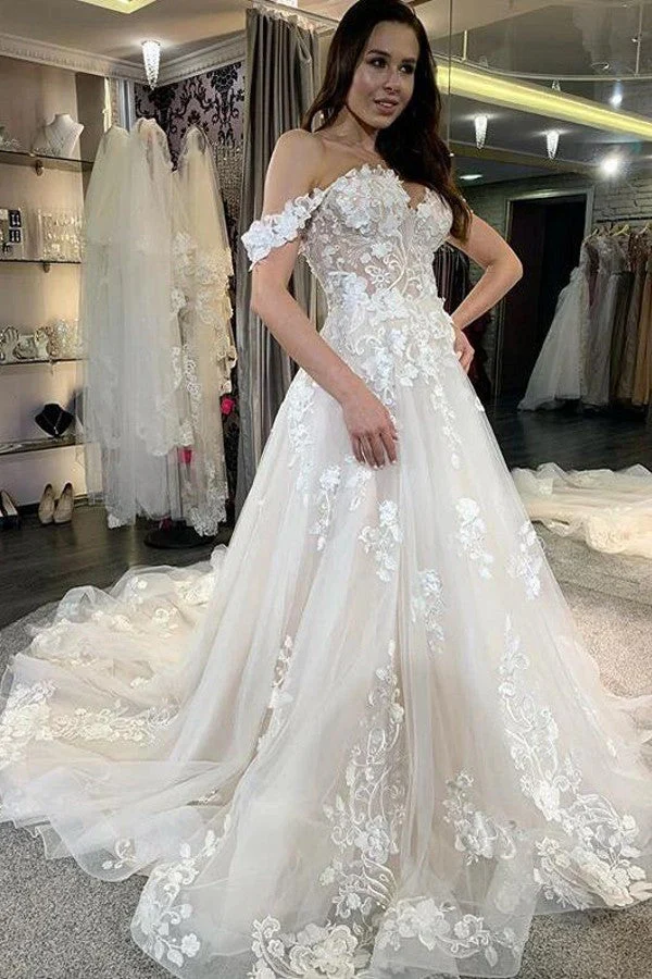A-Line Deep V-Neck Backless Wedding Dress Long Sleeves Pearl Appliques Lace - Afbeelding 2