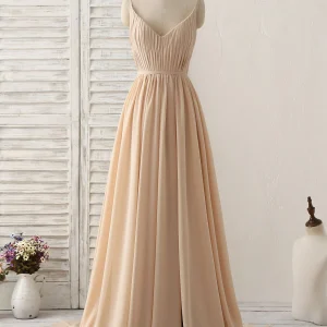 Simple Champagne V-Neck Chiffon Bridesmaid Dress: Elegant Long Prom Gown