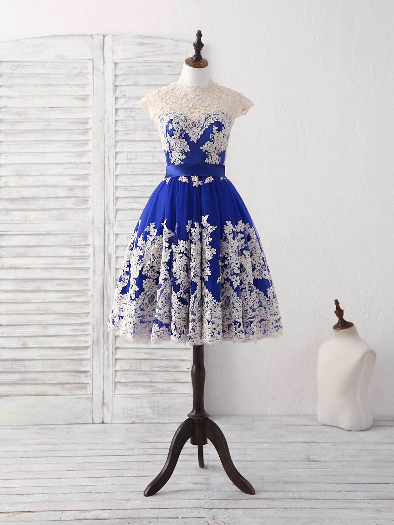 Elegant Blue Tulle Lace Applique Short Prom Dress Bridesmaid Gown - Afbeelding 2
