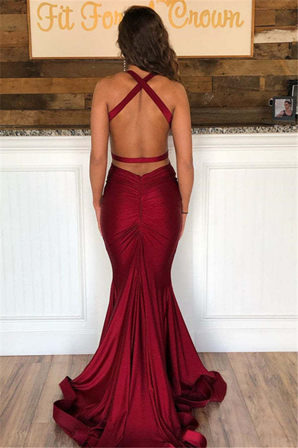 Sleek Burgundy Sleeveless Mermaid Prom Dress: Elegant V-Neck, Open Back, Floor-Length Gown - Afbeelding 3