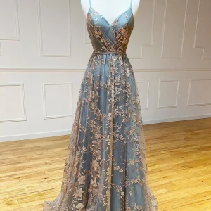 Sequin A-Line V Neck Tulle Long Prom Dress Backless Evening Gown