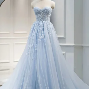 Stunning Blue Sweetheart Tulle Long Prom Dresses Formal Gowns
