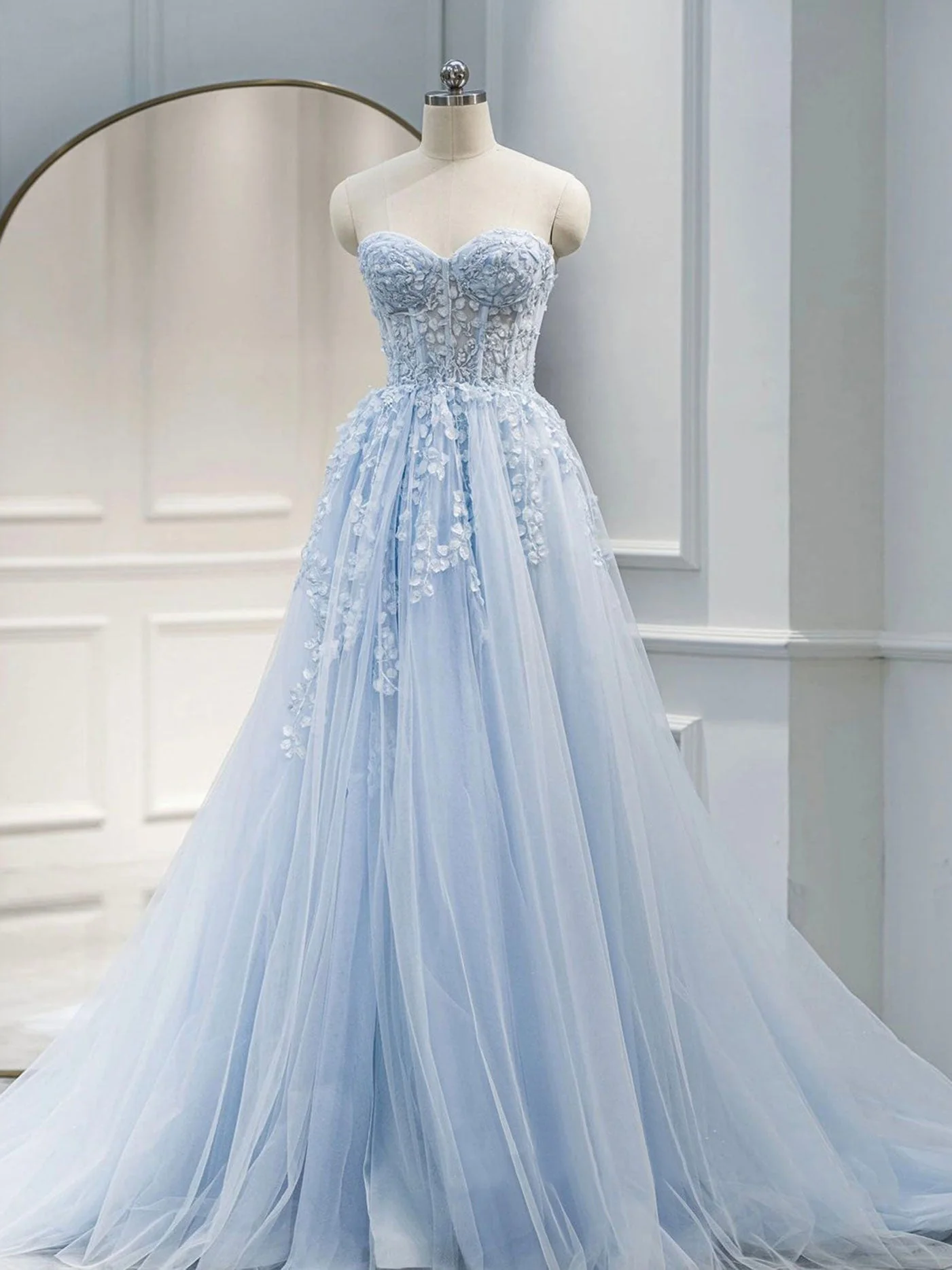 Stunning Blue Sweetheart Tulle Long Prom Dresses Formal Gowns - Afbeelding 2