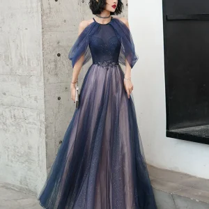 Blue Tulle Sequin Evening Gown Long Prom Dress