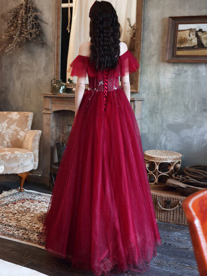 Stunning Elegant Burgundy Off-Shoulder Tulle Sequin Long Evening Prom Dress - Afbeelding 3
