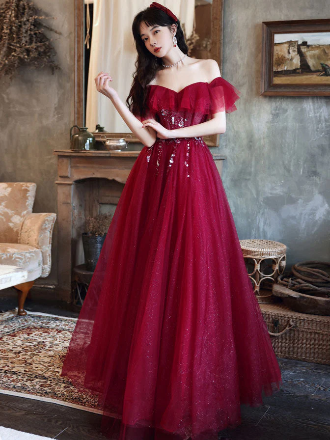 Stunning Elegant Burgundy Off-Shoulder Tulle Sequin Long Evening Prom Dress