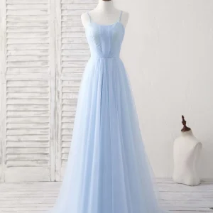 Elegant Blue Tulle Long Prom Bridesmaid Dress - Simple, Stylish, and Flowy Gown