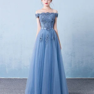 Blue Tulle Lace Off Shoulder Long Prom Bridesmaid Evening Dress