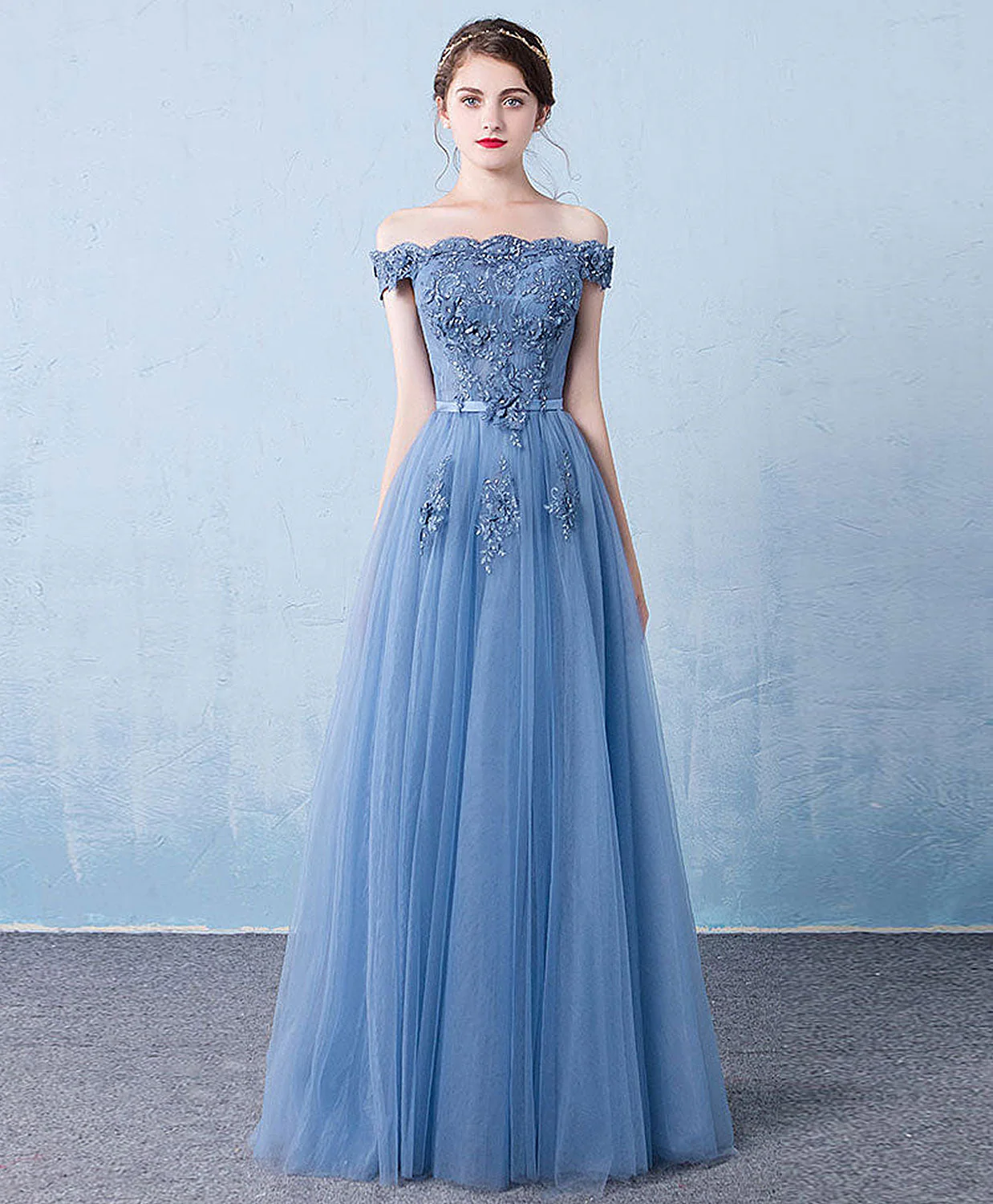 Blue Tulle Lace Off Shoulder Long Prom Bridesmaid Evening Dress - Afbeelding 2
