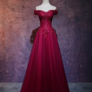 Burgundy Tulle Lace Off Shoulder Long Prom Dress Evening Gown