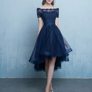 Dark Blue Lace Tulle Short High Low Prom Evening Dress