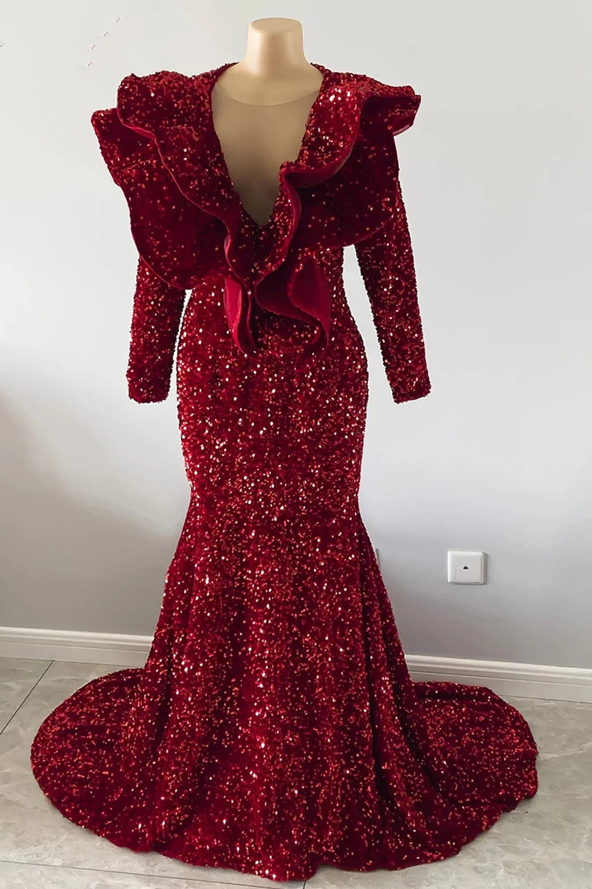 Shiny Sequins Burgundy Mermaid Prom Dress: Elegant V-Neck Sleeveless Floor-Length Gown - Afbeelding 5