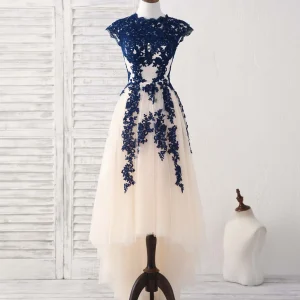 Elegant Dark Blue Lace Tulle High-Low Prom Bridesmaid Dress for Women