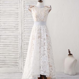 Elegant White Lace High-Low Prom Bridesmaid Dress - Round Neck Formal Gown