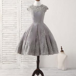 Elegant Gray Round Neck Lace Short Prom Dress, Perfect Gray Bridesmaid Gown