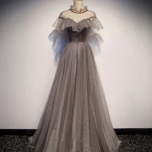 Unique Tulle Long Prom Dress Evening Gown For Women Gray