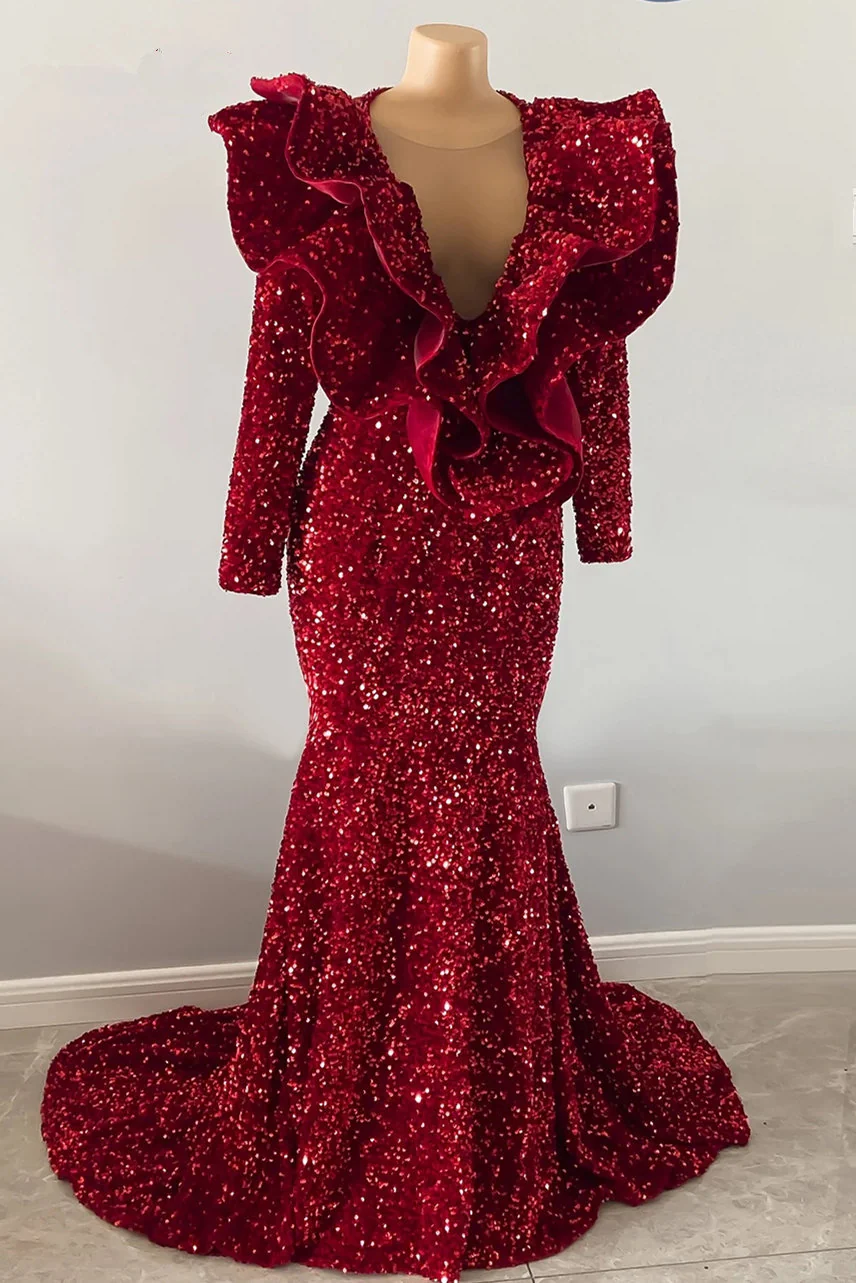 Shiny Sequins Burgundy Mermaid Prom Dress: Elegant V-Neck Sleeveless Floor-Length Gown - Afbeelding 4