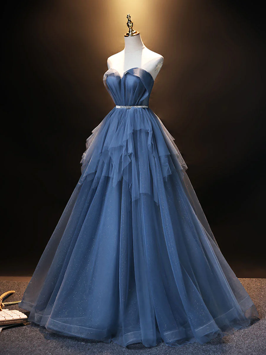 Elegant Blue Sweetheart Neck Tulle Long Prom Evening Dress Floor-Length Glamorous - Afbeelding 3