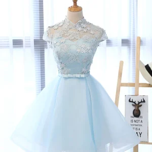 Light Blue Short Prom Dress with Beautiful Applique Details