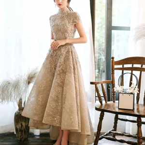 Champagne High Neck Lace Formal Prom Dress