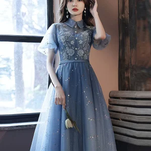 Elegant Blue Tulle Lace Short Prom Dress with Puffy Skirt