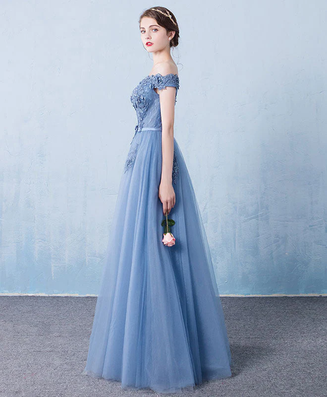 Blue Tulle Lace Off Shoulder Long Prom Bridesmaid Evening Dress - Afbeelding 5