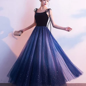 Stunning Simple Elegant Blue Tulle Long Prom Evening Dress Gown