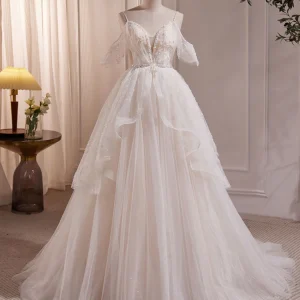 Sweet Spaghetti Strap Off Shoulders Tulle Bead Ball Gown Sheer Wedding Dress