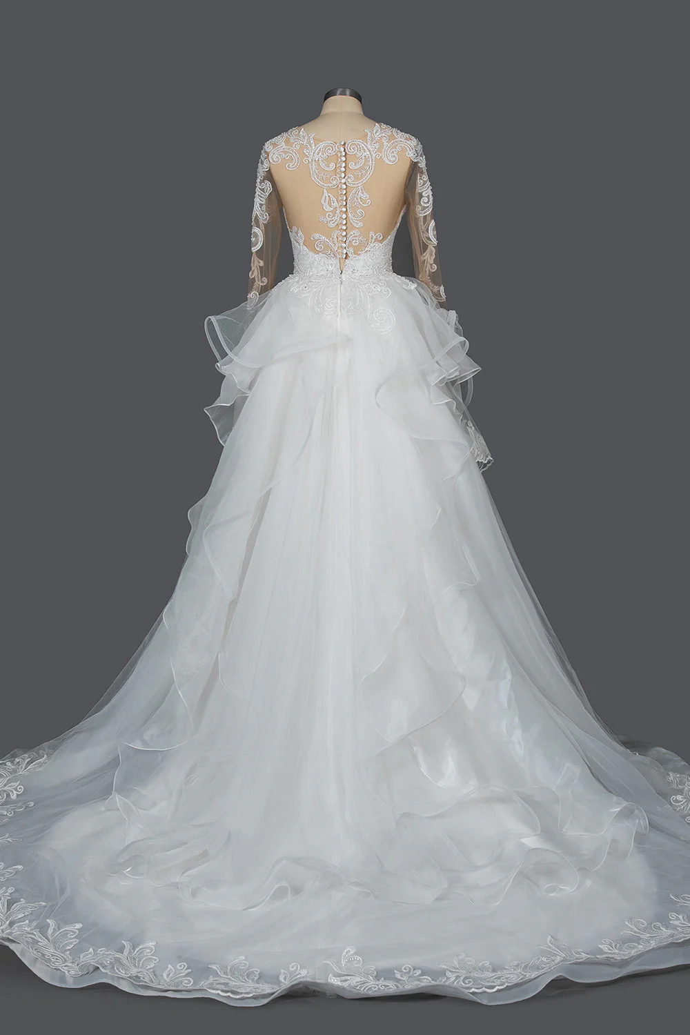 A-Line V-Neck Hi-Lo Wedding Dress with Ruffles, Tulle and Appliques - Afbeelding 3