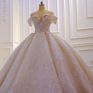 Sparkling Off-Shoulder Ruffle Satin Ball Gown Wedding Dress with Sequin Beadings