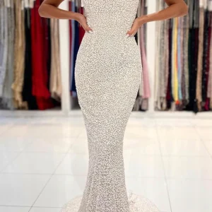 Strapless Sequin Mermaid Prom Dress with Spaghetti Straps and Open Back