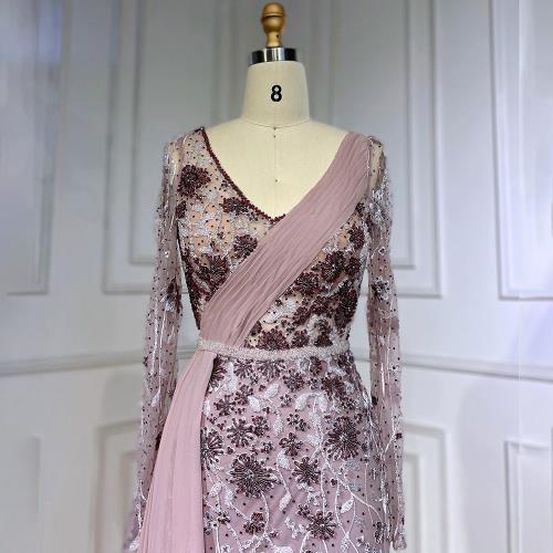 Pink Long Sleeve Chiffon Train Beaded Lace Evening Gown Dress - Afbeelding 5