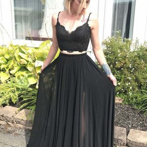 Zwarte kanten V-hals tweedelige galajurk met vloeiende rok