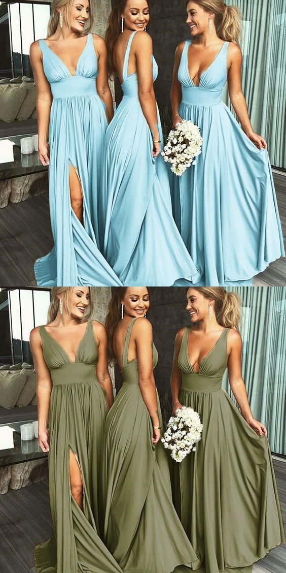 Sexy Blue Long Fall Deep V neck Fall Bridesmaid Gowns with Slit - Afbeelding 3