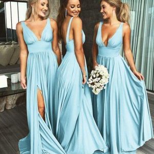 Sexy Blue Long Fall Deep V neck Fall Bridesmaid Gowns with Slit