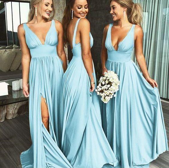 Sexy Blue Long Fall Deep V neck Fall Bridesmaid Gowns with Slit