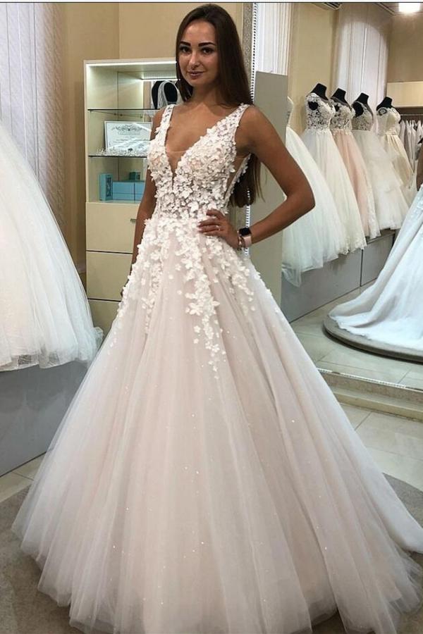 Elegant A-Line 3D Floral Wedding Dress with V-Neck and Tulle Skirt