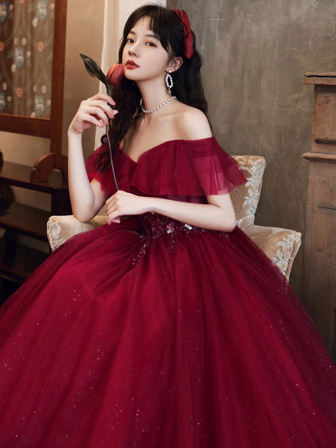 Stunning Elegant Burgundy Off-Shoulder Tulle Sequin Long Evening Prom Dress - Afbeelding 4